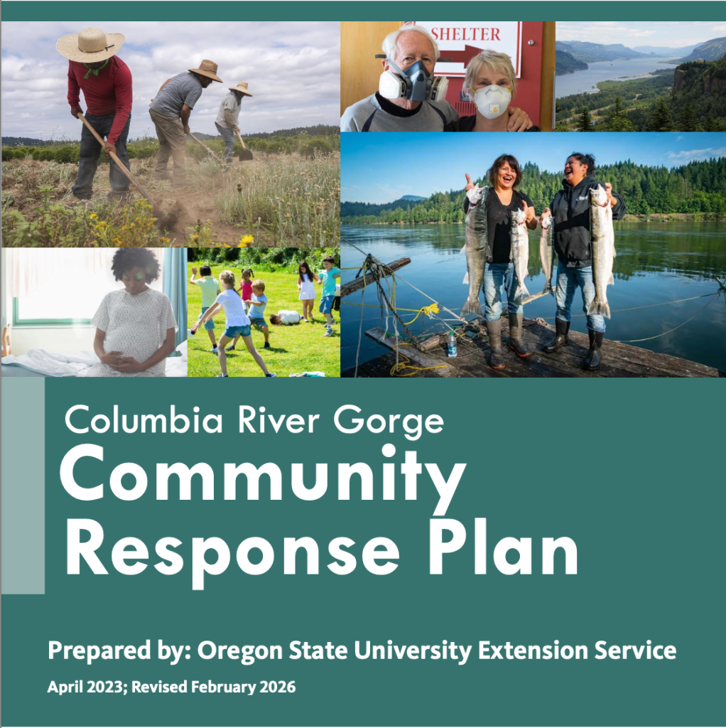 Image is the cover of the report with title and 6 pictures: 3 laborers in field wearing hats, an older couple wearing face masks, panoramic scene of the Columbia River and mountains on either side, a pregnant woman holding her stomach, kids doing sporting stretches in a grassy lawn, two native women laughing and holding up fish along the Columbia River.